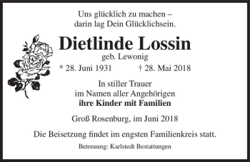 Traueranzeige von Dietlinde Lossin (geb. Lewonig)  von Magdeburger Volksstimme