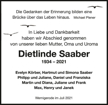 Traueranzeige von Dietlinde Saaber  von Magdeburger Volksstimme