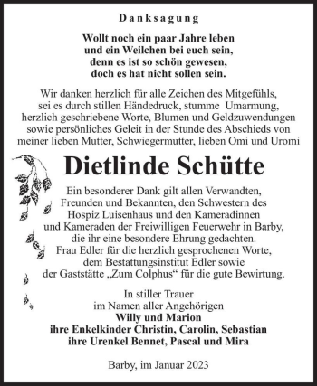 Traueranzeige von Dietlinde Schütte  von Magdeburger Volksstimme