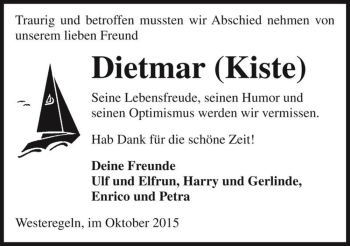 Traueranzeige von Dietmar (Kiste)  von Magdeburger Volksstimme