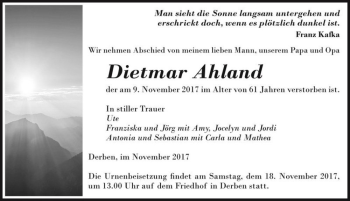 Traueranzeige von Dietmar Ahland  von Magdeburger Volksstimme