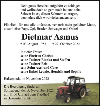 Traueranzeige von Dietmar Asmus  von Magdeburger Volksstimme
