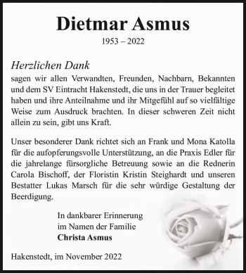 Traueranzeige von Dietmar Asmus  von Magdeburger Volksstimme