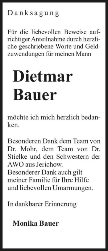 Traueranzeige von Dietmar Bauer  von Magdeburger Volksstimme