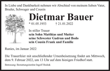 Traueranzeige von Dietmar Bauer  von Magdeburger Volksstimme