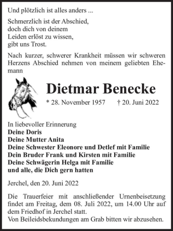 Traueranzeige von Dietmar Benecke  von Magdeburger Volksstimme