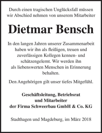 Traueranzeige von Dietmar Bensch  von Magdeburger Volksstimme