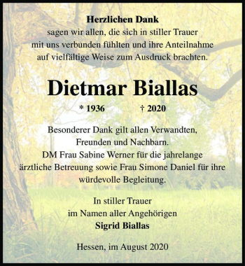 Traueranzeige von Dietmar Biallas  von Magdeburger Volksstimme
