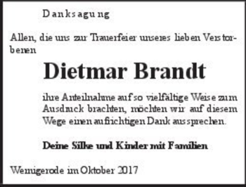 Traueranzeige von Dietmar Brandt  von Magdeburger Volksstimme