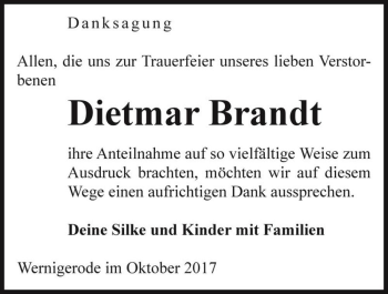 Traueranzeige von Dietmar Brandt  von Magdeburger Volksstimme