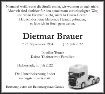 Traueranzeige von Dietmar Brauer  von Magdeburger Volksstimme
