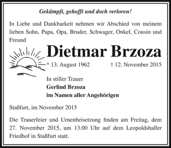 Traueranzeige von Dietmar Brzoza  von Magdeburger Volksstimme