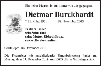 Traueranzeige von Dietmar Burckhardt  von Magdeburger Volksstimme