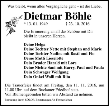 Traueranzeige von Dietmar Böhle  von Magdeburger Volksstimme