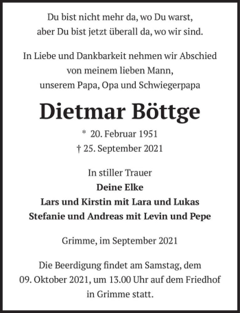 Traueranzeige von Dietmar Böttge  von Magdeburger Volksstimme