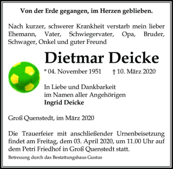 Traueranzeige von Dietmar Deicke  von Magdeburger Volksstimme