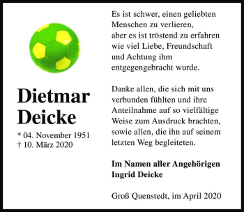 Traueranzeige von Dietmar Deicke  von Magdeburger Volksstimme