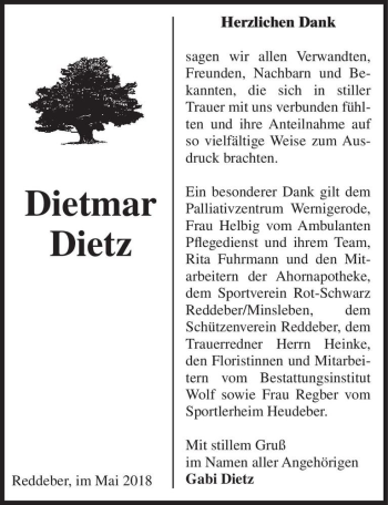 Traueranzeige von Dietmar Dietz  von Magdeburger Volksstimme