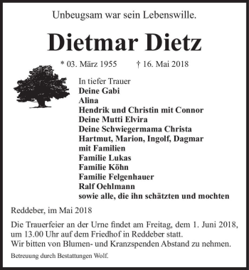 Traueranzeige von Dietmar Dietz  von Magdeburger Volksstimme