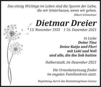 Traueranzeige von Dietmar Dreier  von Magdeburger Volksstimme