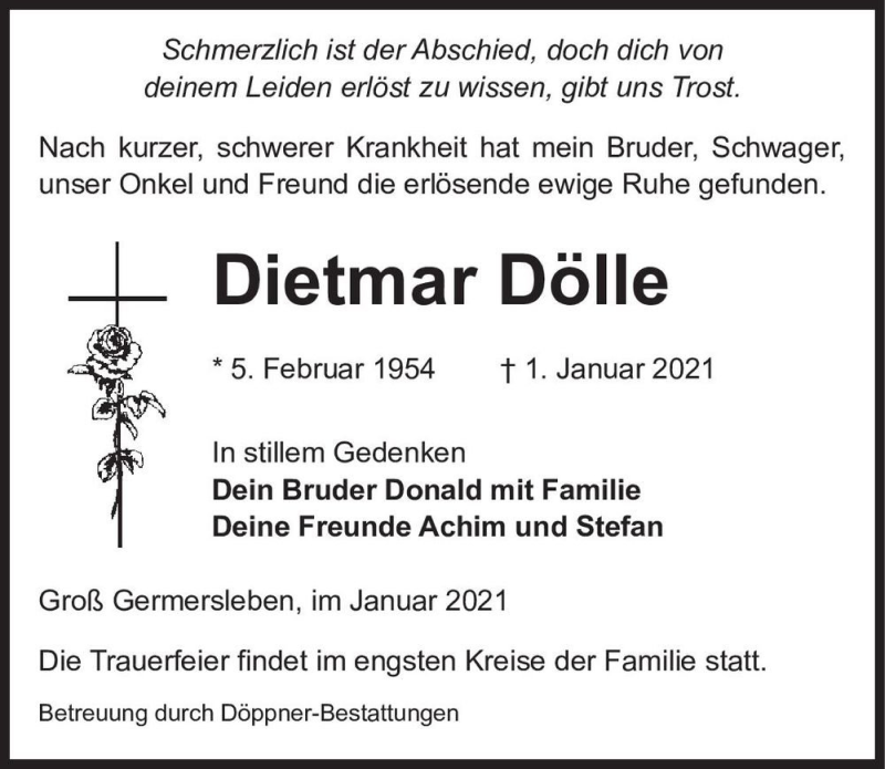  Traueranzeige für Dietmar Dölle  vom 09.01.2021 aus Magdeburger Volksstimme