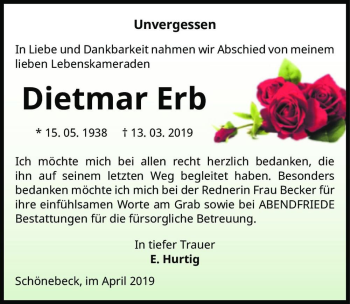 Traueranzeige von Dietmar Erb  von Magdeburger Volksstimme