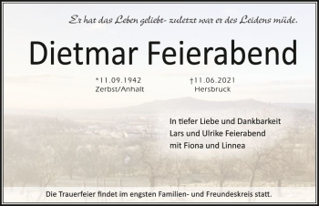 Traueranzeige von Dietmar Feierabend  von Magdeburger Volksstimme