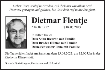 Traueranzeige von Dietmar Flentje  von Magdeburger Volksstimme