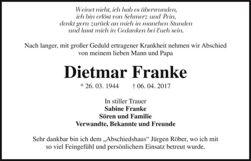  Traueranzeige für Dietmar Franke  vom 06.05.2017 aus Magdeburger Volksstimme