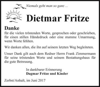 Traueranzeige von Dietmar Fritze  von Magdeburger Volksstimme