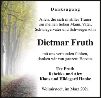 Traueranzeige von Dietmar Fruth  von Magdeburger Volksstimme