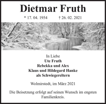 Traueranzeige von Dietmar Fruth  von Magdeburger Volksstimme
