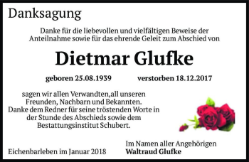 Traueranzeige von Dietmar Glufke  von Magdeburger Volksstimme