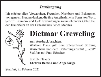 Traueranzeige von Dietmar Greweling  von Magdeburger Volksstimme