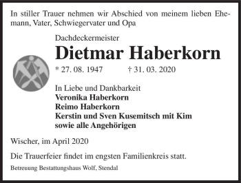 Traueranzeige von Dietmar Haberkorn  von Magdeburger Volksstimme