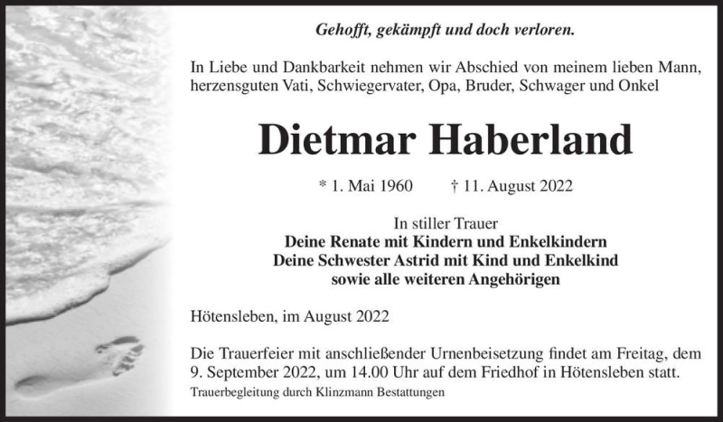  Traueranzeige für Dietmar Haberland  vom 20.08.2022 aus Magdeburger Volksstimme