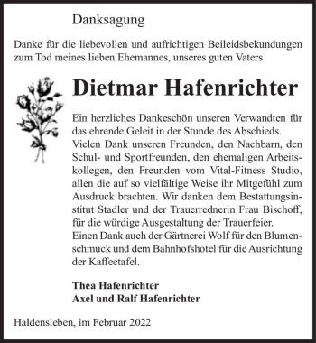 Traueranzeige von Dietmar Hafenrichter  von Magdeburger Volksstimme
