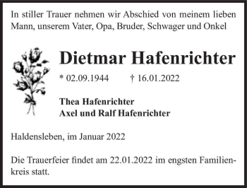 Traueranzeige von Dietmar Hafenrichter  von Magdeburger Volksstimme