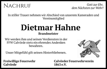 Traueranzeige von Dietmar Hahne  von Magdeburger Volksstimme