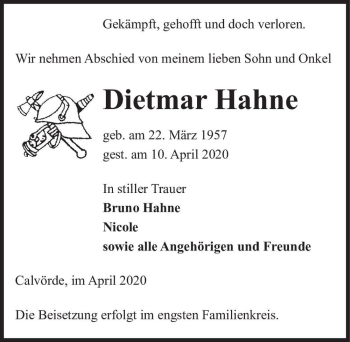 Traueranzeige von Dietmar Hahne  von Magdeburger Volksstimme