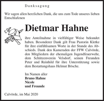 Traueranzeige von Dietmar Hahne  von Magdeburger Volksstimme