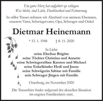 Traueranzeige von Dietmar Heinemann  von Magdeburger Volksstimme