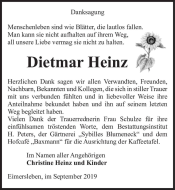 Traueranzeige von Dietmar Heinz  von Magdeburger Volksstimme