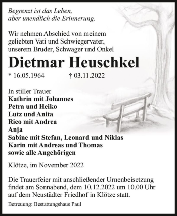 Traueranzeige von Dietmar Heuschkel  von Magdeburger Volksstimme