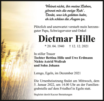 Traueranzeige von Dietmar Hille  von Magdeburger Volksstimme