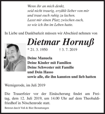 Traueranzeige von Dietmar Hornuß  von Magdeburger Volksstimme