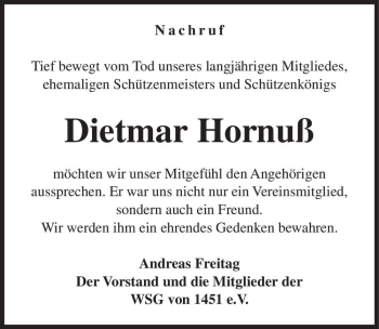 Traueranzeige von Dietmar Hornuß  von Magdeburger Volksstimme