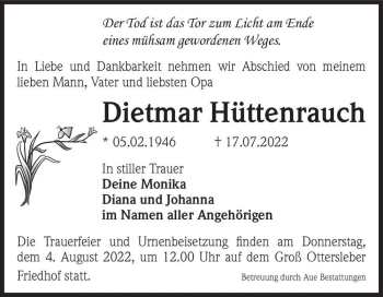 Traueranzeige von Dietmar Hüttenrauch  von Magdeburger Volksstimme