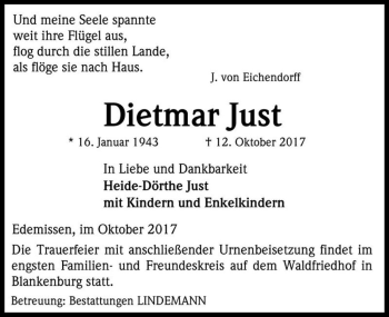 Traueranzeige von Dietmar Just  von Magdeburger Volksstimme
