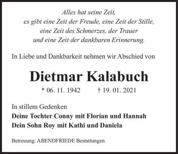 Traueranzeige von Dietmar Kalabuch  von Magdeburger Volksstimme